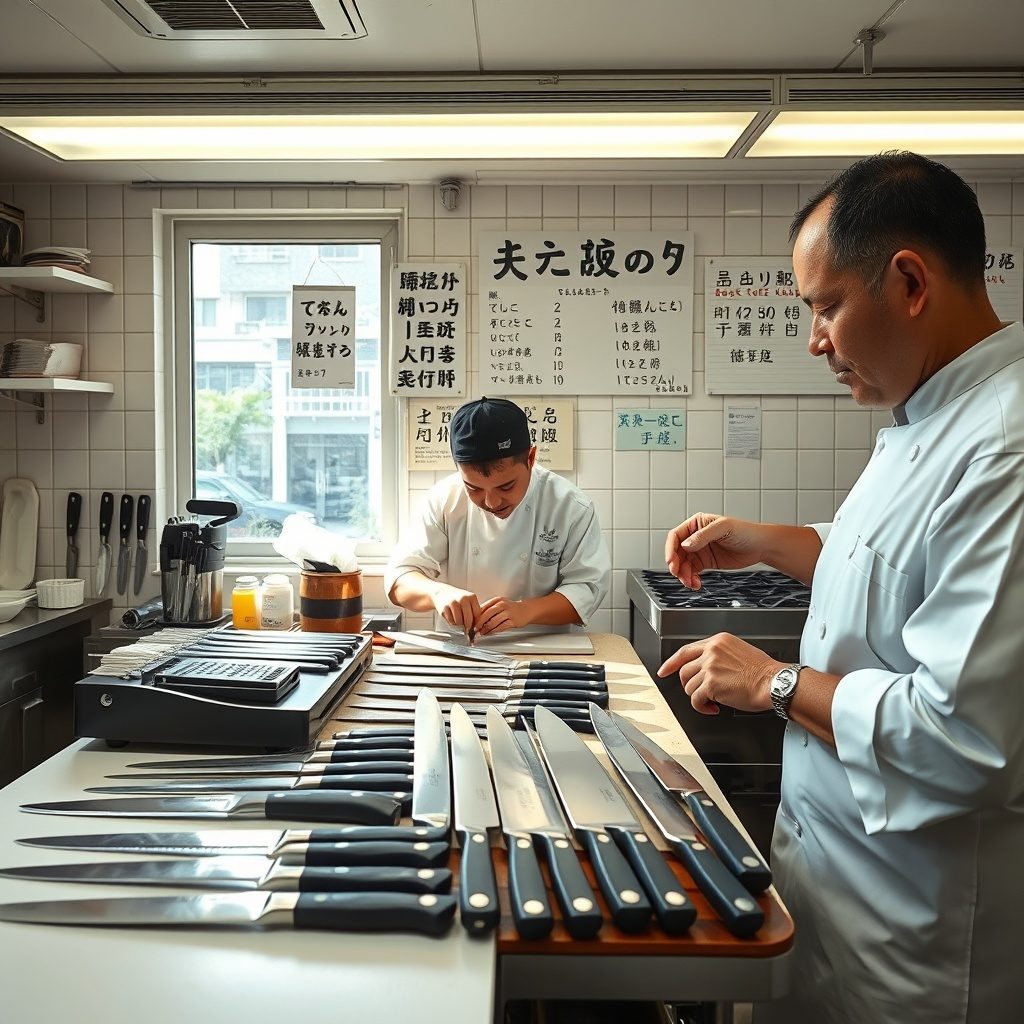 ナイフ研ぎ作業中のシェフ